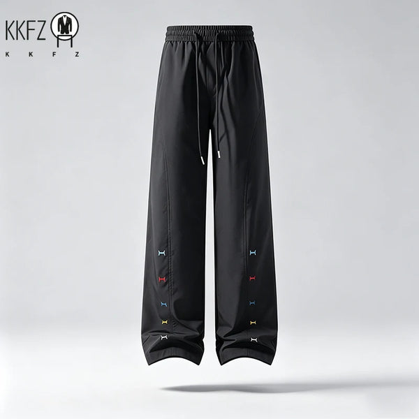 Mens Streetwear Wide Leg Trousers Elastic Waist Long Drawstring Loose Silhouette Side Embroidery Light Fabric For Commute