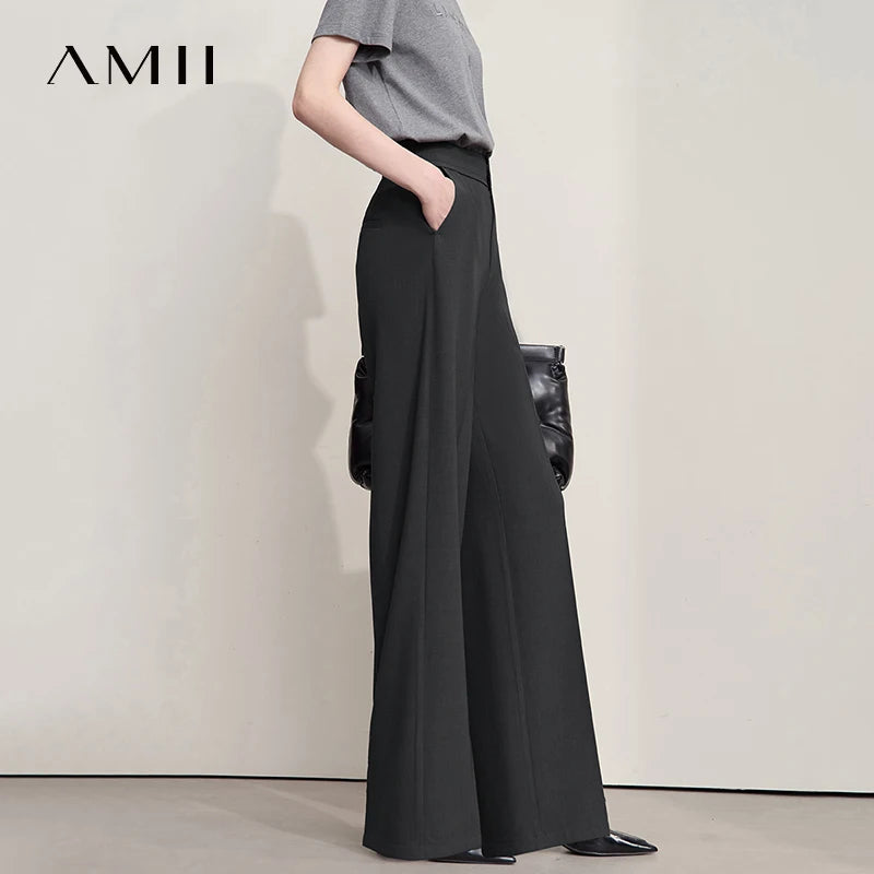 ខោ AMII សម្រាប់នារីសាមញ្ញបំផុត រដូវស្លឹកឈើជ្រុះ ឆ្នាំ២០២៥ សម្រាប់ធ្វើដំណើរ អាជីវកម្ម ខោពណ៌ខ្មៅប្រណីត ខោជើងធំលាតសន្ធឹងបន្តិច 12553010