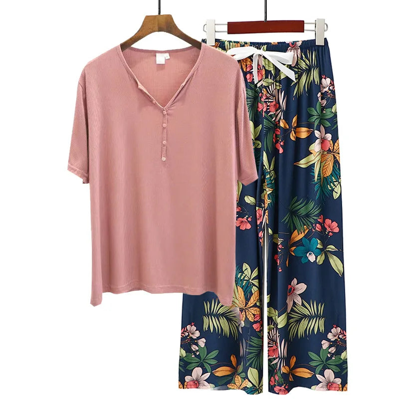 Spring Summer Threaded Modal Knitted V-neck Short Sleeve Sleepwear Women Loose Home Pajama Set Print Nightwear Pijama Suit