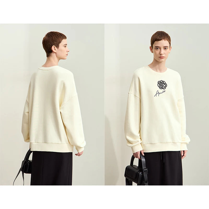 Amii Minimalism 2026 New Autumn Cotton Brushed Sweatshirt For Women O-neck Rose Embroidery Drop Sleeve Trendy Pullovers 12413003