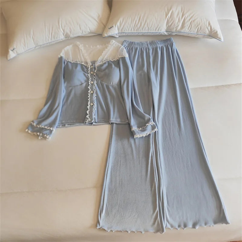 ឈុតគេងផ្អែមល្ហែម កោះ Velvet ក្តៅរដូវរងា គេងក្រាស់ បន្ទះទ្រូង អាវដៃវែង អាវគេងនារីជាមួយខោ ឈុតផ្ទះ