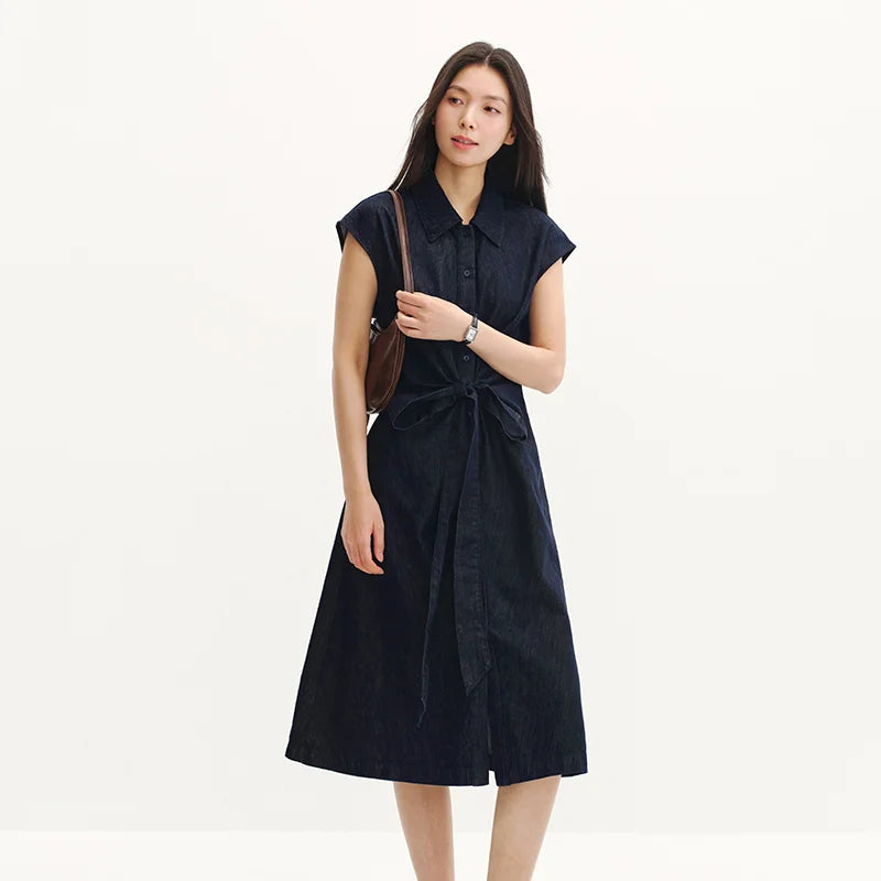 Semir Women Dress Denim Knot Waist Cinching Bow Cool Feeling Stylish Design Midi 2026 Summer Casual Fashion Top