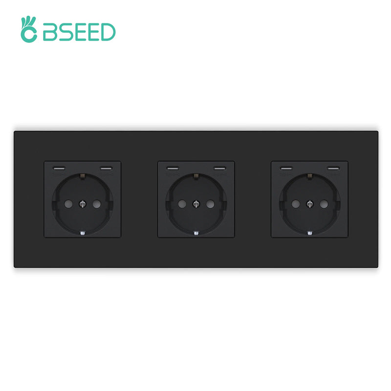 BSEED EU Standard Wall Socket Single Power Outlets USB Type-C Port 20W Fast Charge Plastic Panel Triple Electric Plugs 16A