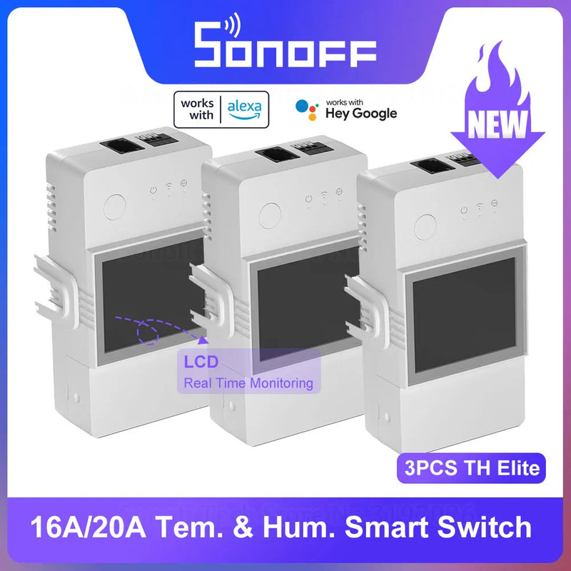 3PCS SONOFF TH Elite 16A/20A Wifi Smart Wireless Switch Temperature Humidity LCD Real Time Monitoring via eWeLink Alexa Google