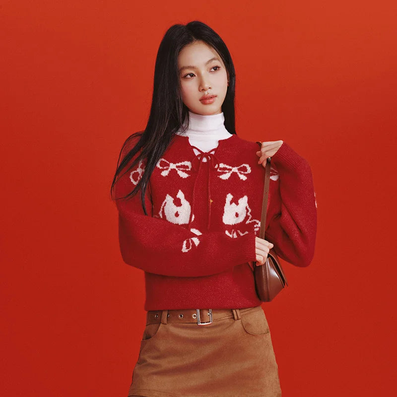 Semir Women Sweater 2026 Spring New Red Bow Jacquard Loose Cute Girlish Style Crew Neck Pullover Tops