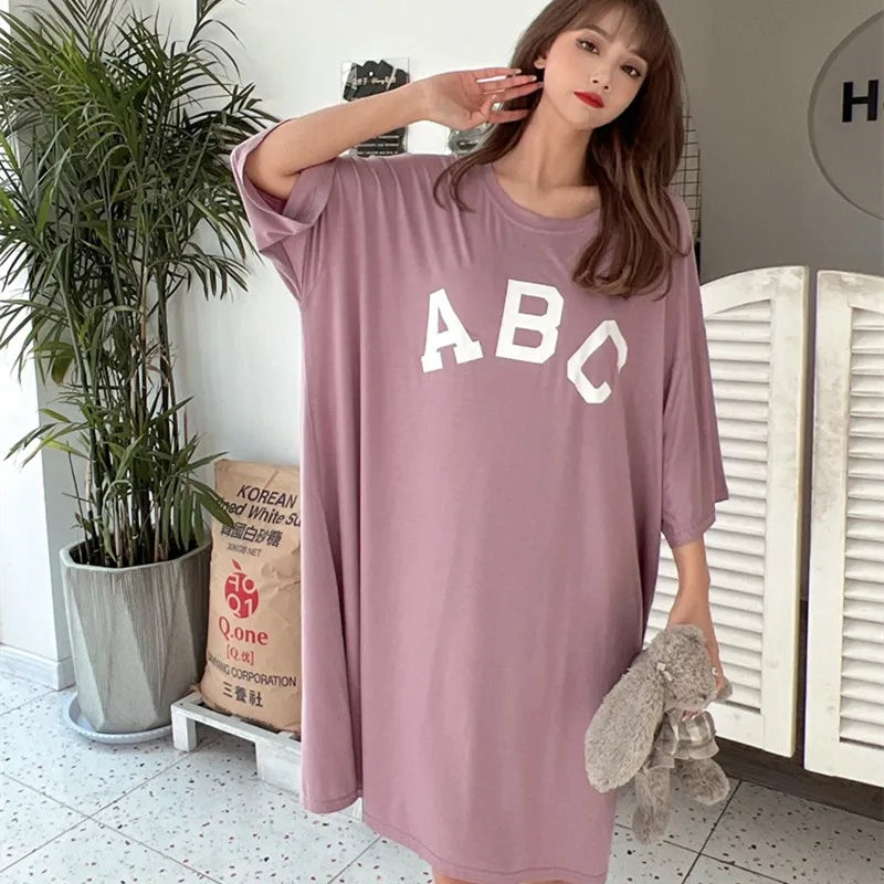 Fdfklak Casual Loose Night Dress Women Modal Comfortable Nightshirt Female Letter Sleepshirt Spring Summer Nightgowns 50-110 KG