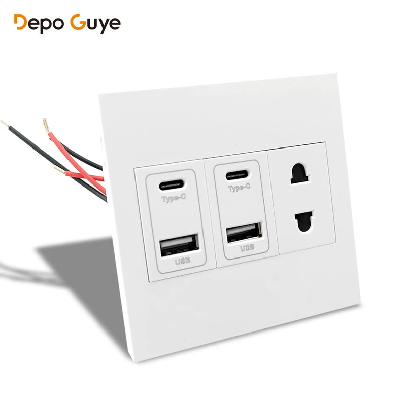 EU RU UK Standard USB Type C Port Power Wall Socket,Universal usb type c 220V Electrical Socket,White Power Outlet with 2holes