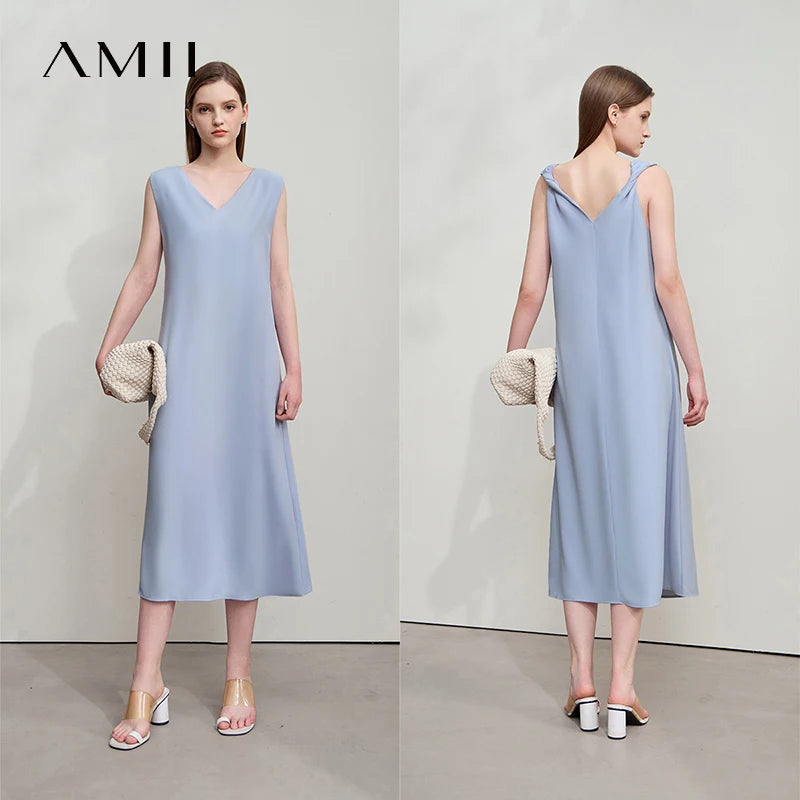 រ៉ូប Amii Minimalism Casual សម្រាប់នារីការិយាល័យរដូវក្តៅឆ្នាំ ២០២៥ ដៃអាវគ្មានដៃ រមួលជាខ្សែ ខ្នងខ្លី រលុងស្រាល 12542218