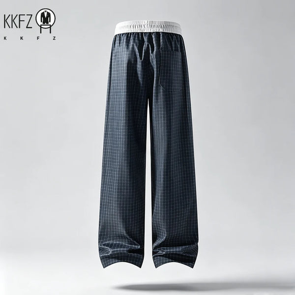 Men Plaid Pattern Loose Wide Leg Pants Elastic Waist Adjustable Drawstring Comfort Trousers For Male Daily Streetwear