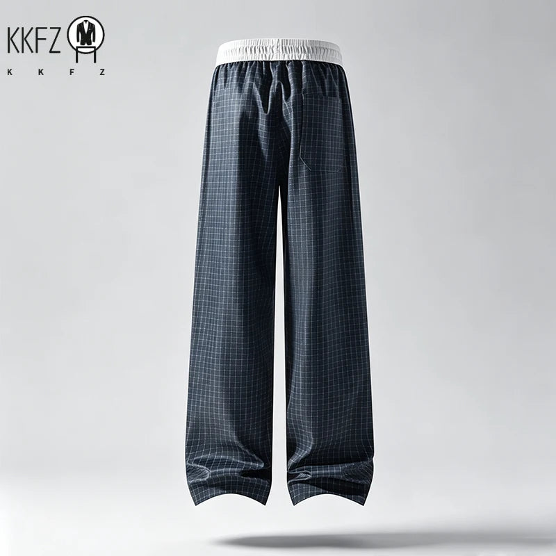 Men Plaid Pattern Loose Wide Leg Pants Elastic Waist Adjustable Drawstring Comfort Trousers For Male Daily Streetwear