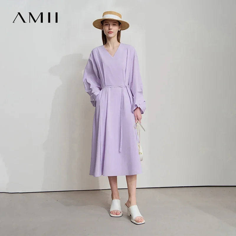 Amii Minimalist Women's V-Neck Dress 2026 Autumn New Bud Sleeve with Belt Solid Color Casual Elegant A-shaped Dress 12541108
