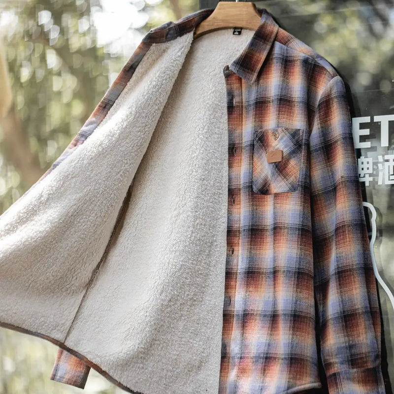 Maden Men's Vintage Ombre Plaid Shirt Sherpa Fleece Warm Blouse Cotton Long Sleeve Thickened Tops for Layering for Autumn Winter
