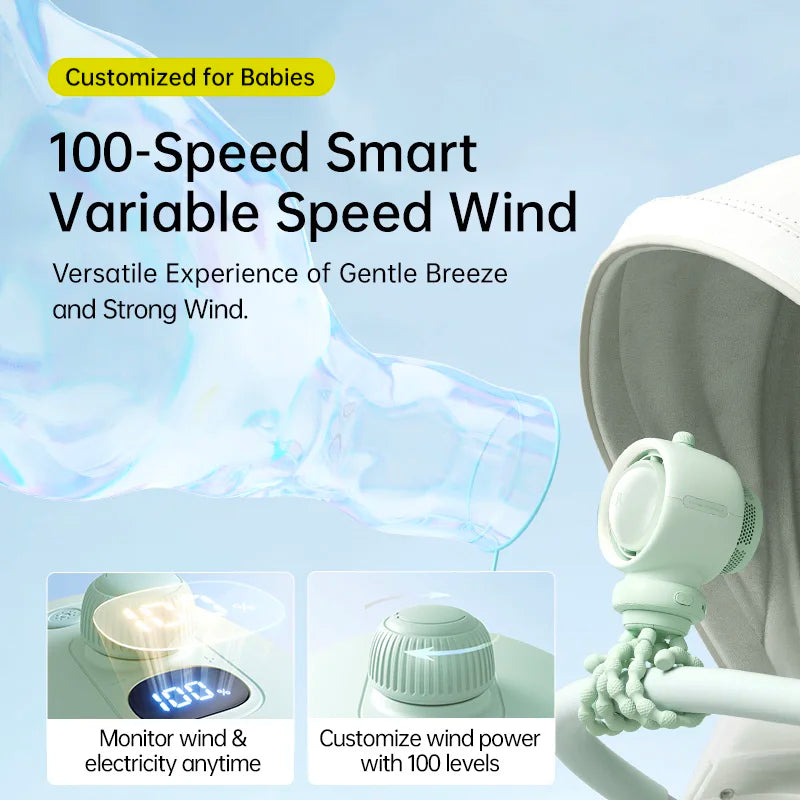 JISULIFE Portable Baby Stroller Fan,Air Purify Turbo Tech,Nature Wind,LED Light,5000mAh,Food-Grade Silicone Bracket,Crib Fan
