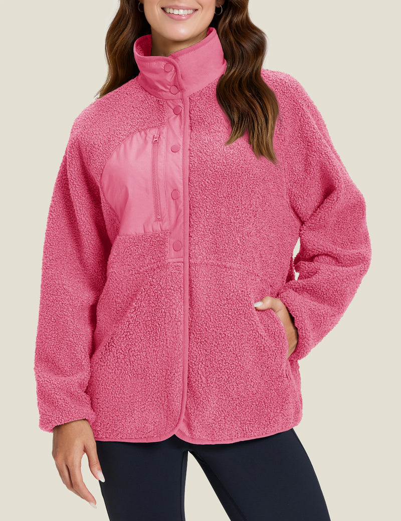TACVASEN Women's Stand Collar Sherpa Fleece Jacket Winter Warm Lightweight Fuzzy Button Down Coat 3 Zipper Pockets Casual Jacket