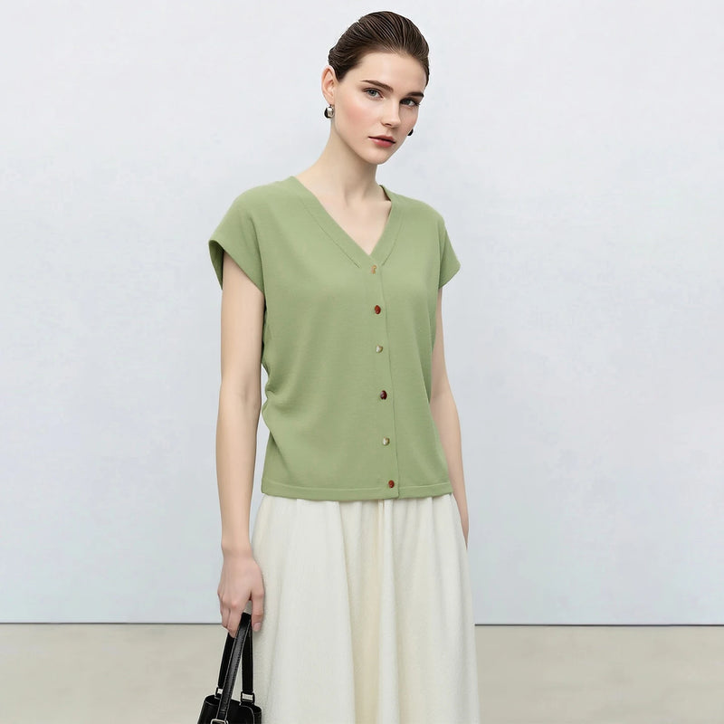Amii Women's Cardigan 2026 Summer New Color Contrast Buttons Cap Sleeve Cropped Knit Top V Neck Casual Short Sweater 12622211