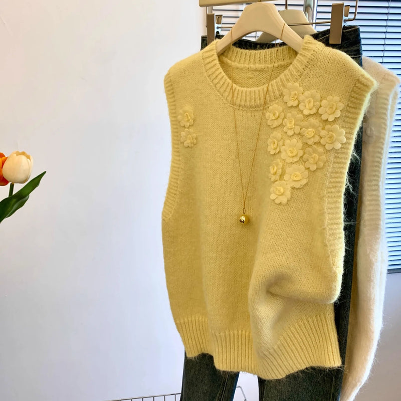 Three-dimensional Flower Knitted Vest Women's Autumn Winter Lazy Wind Soft Stacked Wearing Sweater Ladies Knit Sleeveless Top