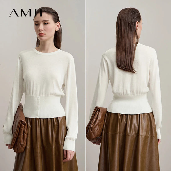 AMII Minimalist Women's Black Sweater 2026 Autumn Simple Commuting O Neck Pullover Long Sleeved Casual Knitted Tops 12523155