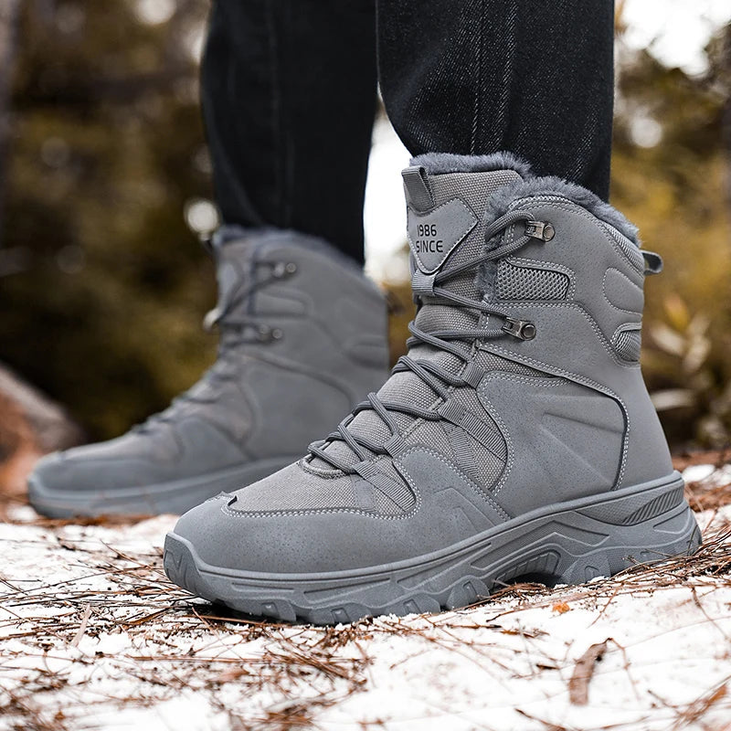 Men's Hiking Boots Winter New Warm Plush Anti-Slip High-Top Cotton Boots Soft Sole Comfortable Outdoor Sports Walking Tide Boots