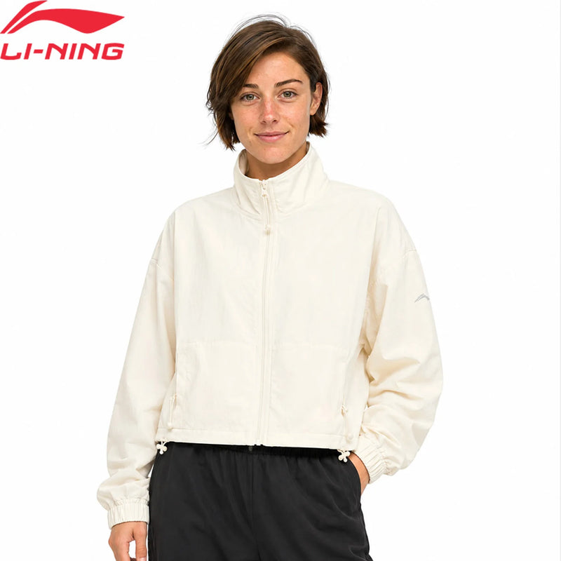 អាវហ្វឹកហាត់នារី Li-Ning 100% ប៉ូលីអាមីត រាងរលុង មានខ្សែចងនៅគែមអាវកីឡា LiNing Leisure AJDV374