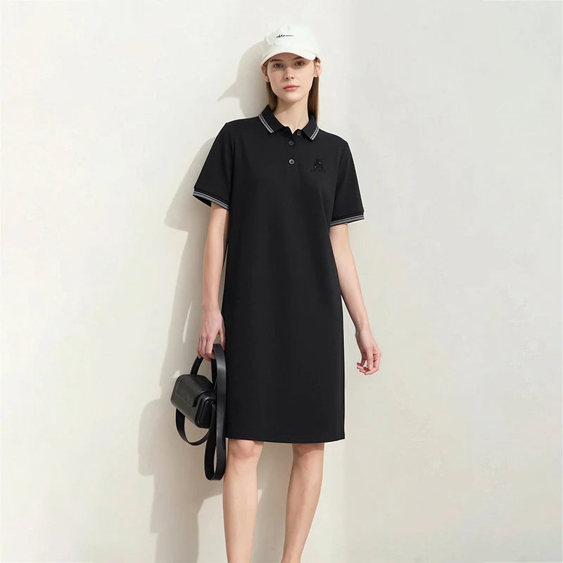 Amii Woman Dresses 2026 Summer New Color Block POLO Collar Midi Dress Women Loose Casual Short Sleeve Rhinestone Skirt 12622066