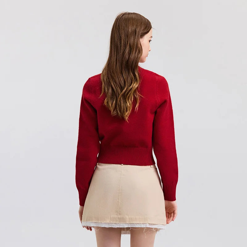 Semir New Year Sweater Women Short Bowknot Slim Fit Round Neck Knit Top 2026 Spring Style Red Fashion Basic Tops