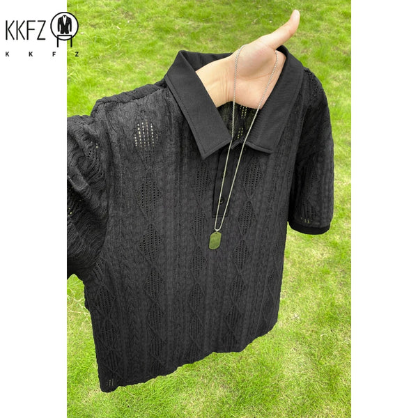 Mens Loose Oversized Diamond Pattern Polo Shirt Short Sleeve Button Placket Lightweight Fabric For Commute Multi Occasion Wear