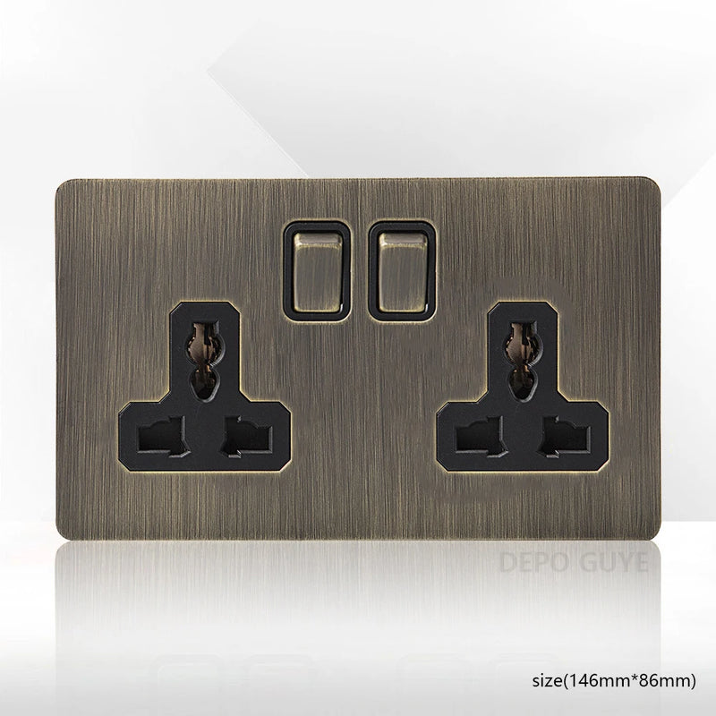 Retro Metal Brushed Antique Stainless Steel Push Button Switch Panel UK 13A Socket with USB Phone Charging for Home Improvement