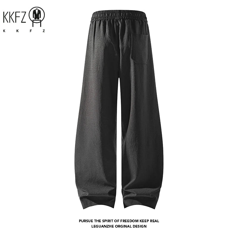 Youth Casual Floor Length Pants For Males Wide Leg Elastic Waist Light Textured Cloth Travel Friendly Long Bottom Wear