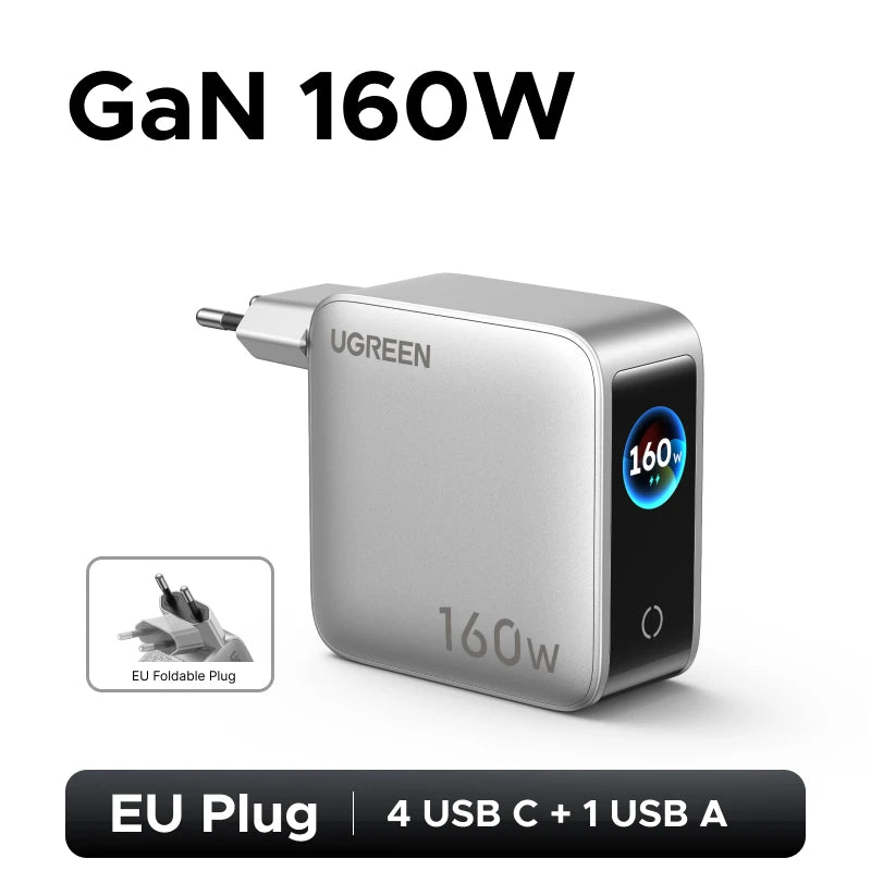 UGREEN 160W GaN Charger With Smart Display AVS PD 3.1 140W QC4.0 For MacbookPro Laptop iPhone 18 17 iPad Tablet SamsungS25 Ultra