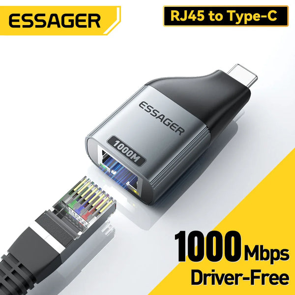 ឧបករណ៍ភ្ជាប់ Essager Type-C ទៅ Ethernet 100/1000Mbps Gigabit ល្បឿនលឿន RJ45 ទៅ Type-c សម្រាប់ MacBook Laptop កាតបណ្តាញមានខ្សែ