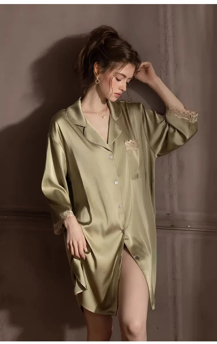 Ice Silk Women's Nightgown Summer Pajamas Dress New Lapel Night Wears for Females Sleeping Clothes Woman One Piece Homewear