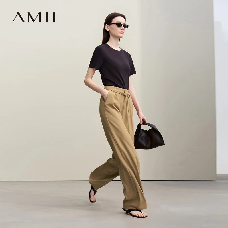 ខោ Amii សម្រាប់នារី រដូវស្លឹកឈើជ្រុះ ឆ្នាំ២០២៦ ខោសម្រាប់ធ្វើដំណើរថ្មី ខ្សែក្រវ៉ាត់ស្តើង ខោធម្មតា ខោជើងធំរលុង ពណ៌សុទ្ធ ខោសម្រាប់ស្លៀកបានច្រើនយ៉ាង 12641062