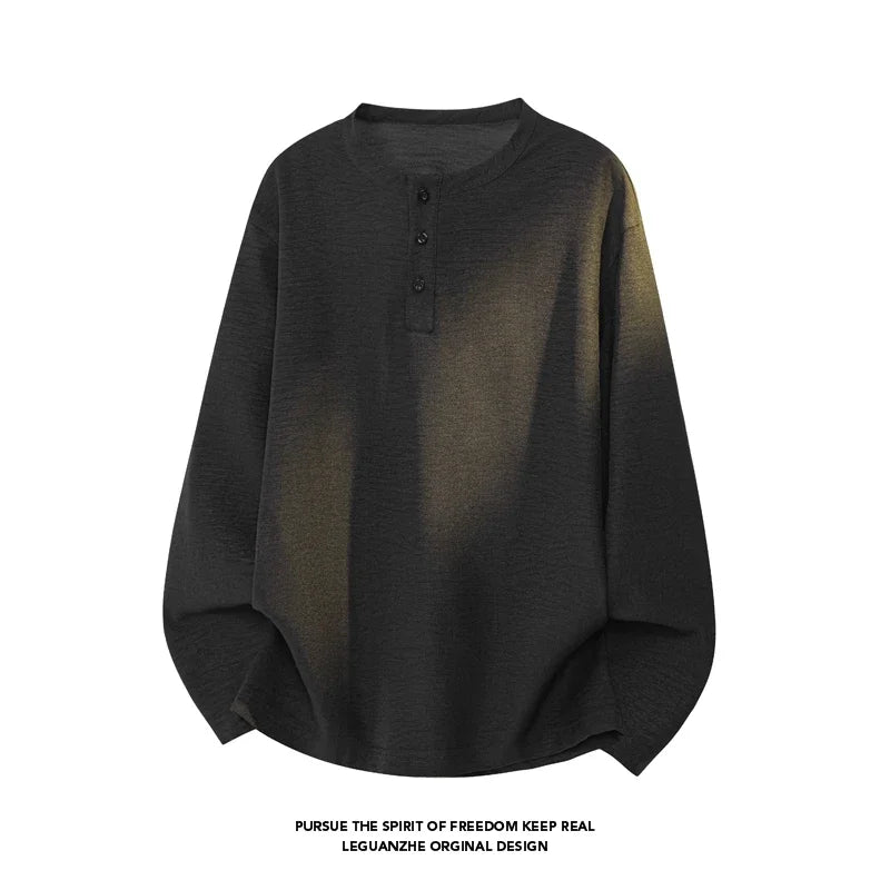 Autumn Leisure Long Sleeve Tee Men Henley Neck Three Button Front Loose Fit Textured Daily Basic Shirt