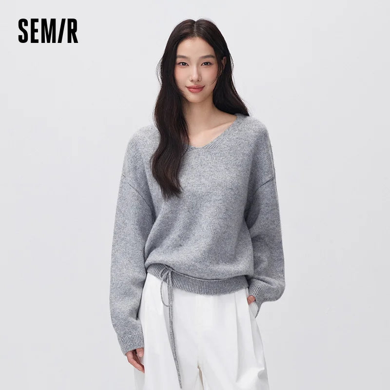 Semir Women Knit Sweater V Neck Drop Shoulder Balloon Sleeve Wool Blend Versatile Relaxed Fit 2026 New Winter Daily Wear
