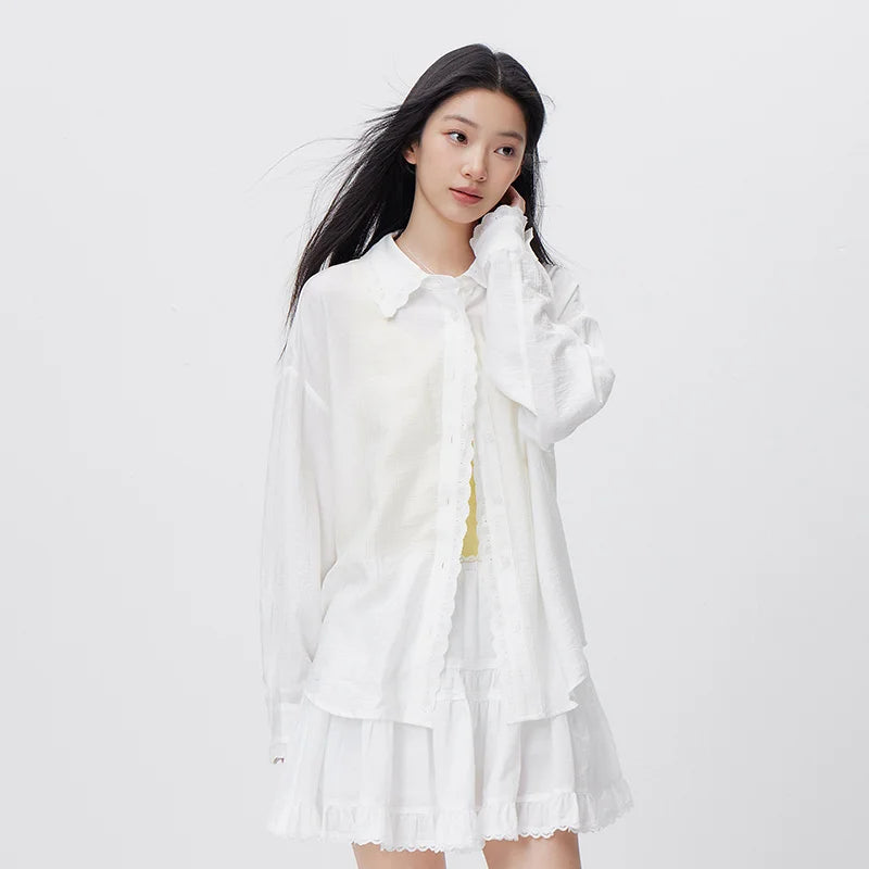 Semir Relaxed Shirt Women 2026 Spring Mid Length Linen Like Texture Oversize Lace Casual Comfortable Daily Wear Blouse