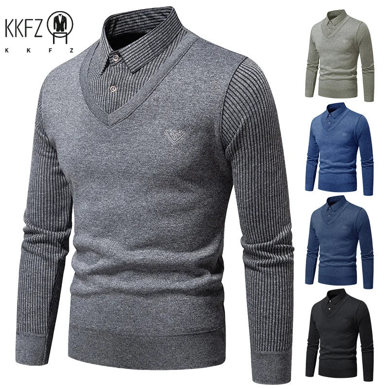 All Season Male Fake Two Piece Long Sleeve Top V Neck Fake Waistcoat Stripe Detail Lapel Collar Embroidered Decor