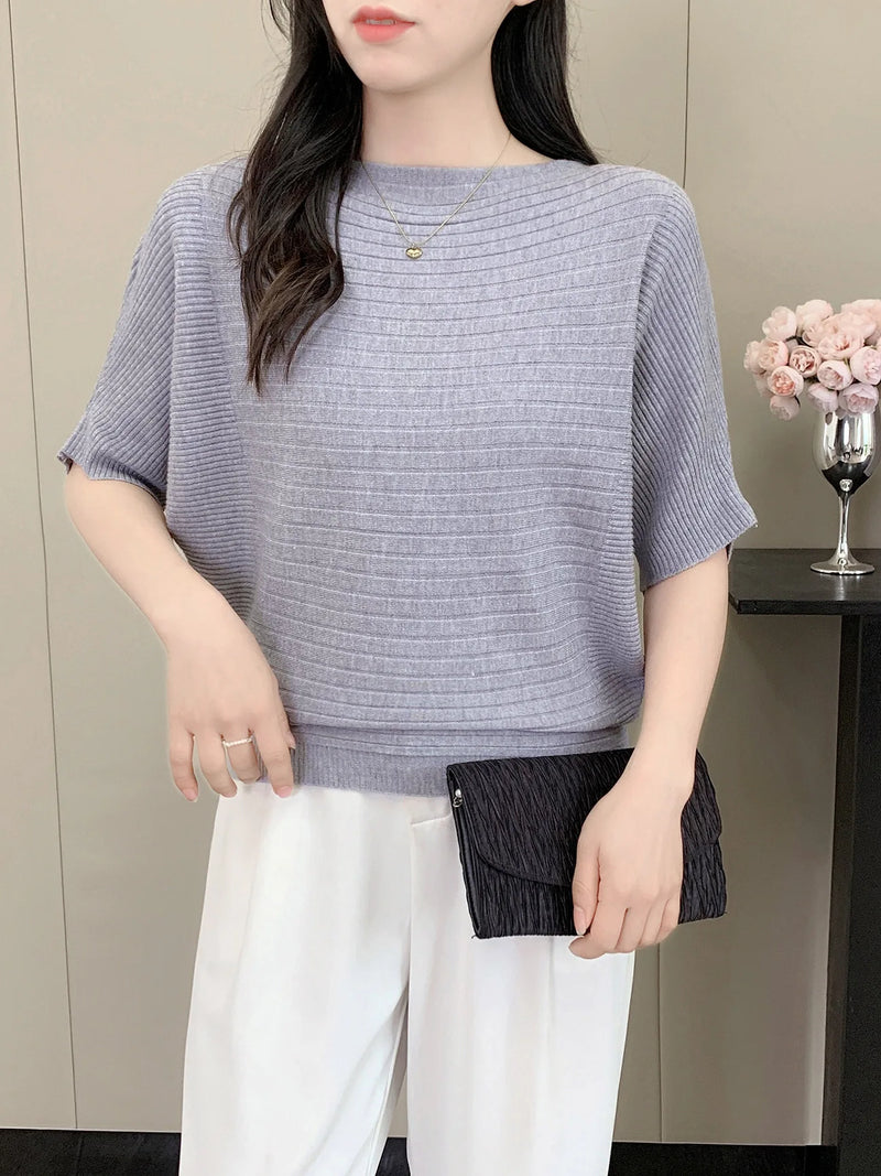 Female Jumper Korean Short Knitted Sweater One-word Collar Top Women's Five-quarter Sleeves Spring Autumn Pullover Shirt
