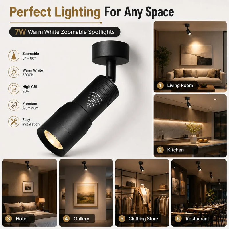 JOYINLED 7W Zoomable LED Spotlight Adjustable 5°-60° Beam Angle Focus Ceiling Light Black Track Downlight with Beam Control