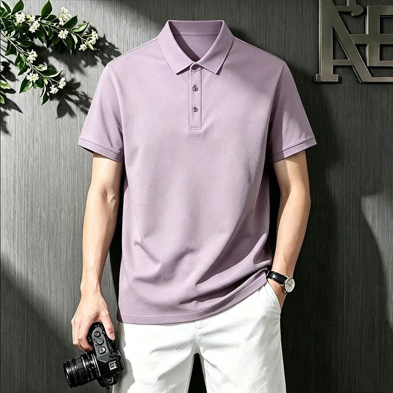 Loose Fit Short Sleeve Solid Polo For Males Turn Down Collar Button Placket Streetwear Simple Casual Wear Top