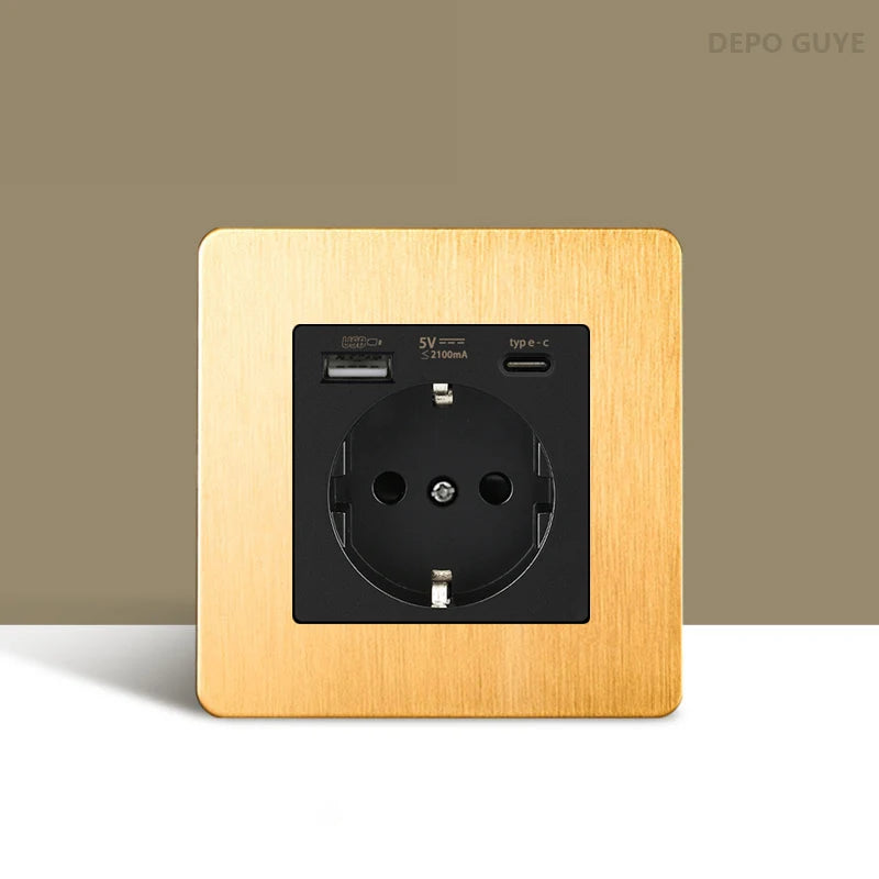 Retro Wall Light Toggle Switch Dual EU FR Socket Gold Stainless Steel Brushed Panel  Vintage Brass Lever For Home Improvement