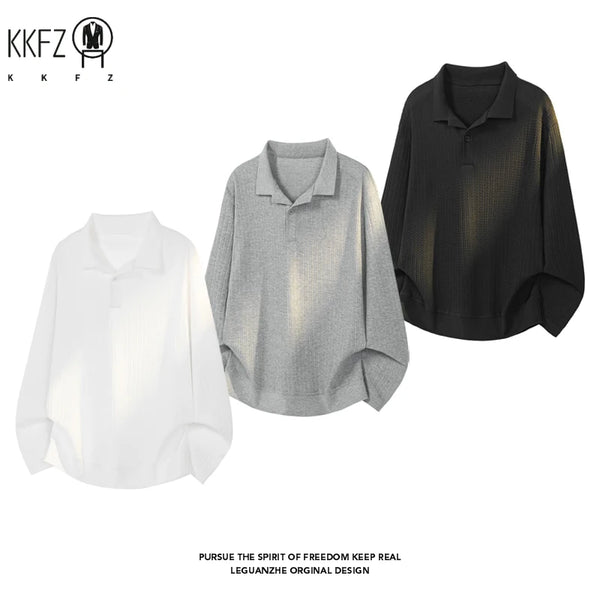 Mens Long Sleeve Lapel Collar Polo Shirt Waffle Knit Soft Fabric Loose Curved Hem Casual Top For Autumn