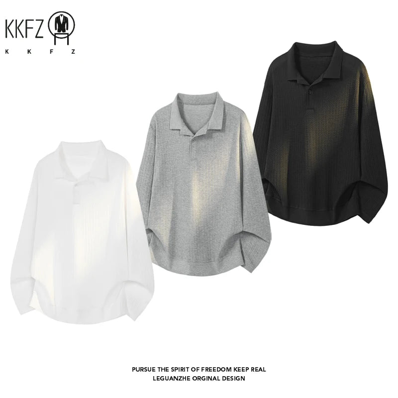 Mens Long Sleeve Lapel Collar Polo Shirt Waffle Knit Soft Fabric Loose Curved Hem Casual Top For Autumn