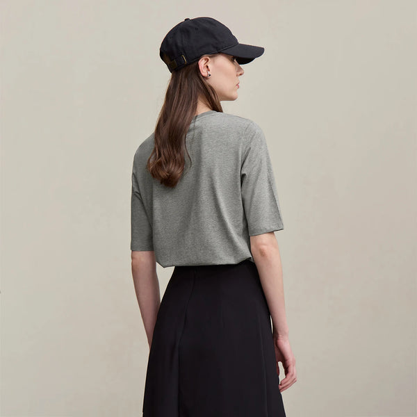 Amii Women T-shirt 2026 Summer New Round Neck Cotton Mid Sleeve Tee Basic Straight Fit Gray Casual Versatile Ladies Top 12622194
