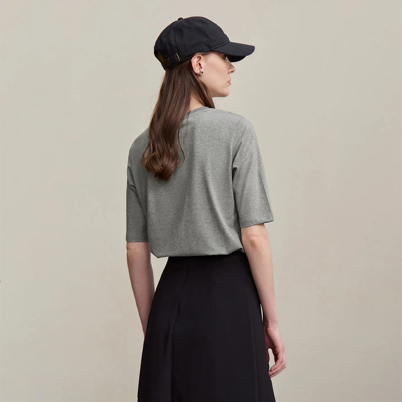 Amii Women T-shirt 2026 Summer New Round Neck Cotton Mid Sleeve Tee Basic Straight Fit Gray Casual Versatile Ladies Top 12622194