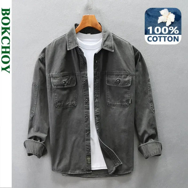 Spring Autumn Cargo Casual 100% Cotton Multi-pocket Shirts for Men Loose Retro Solid Color Comfortable Tops AZ753