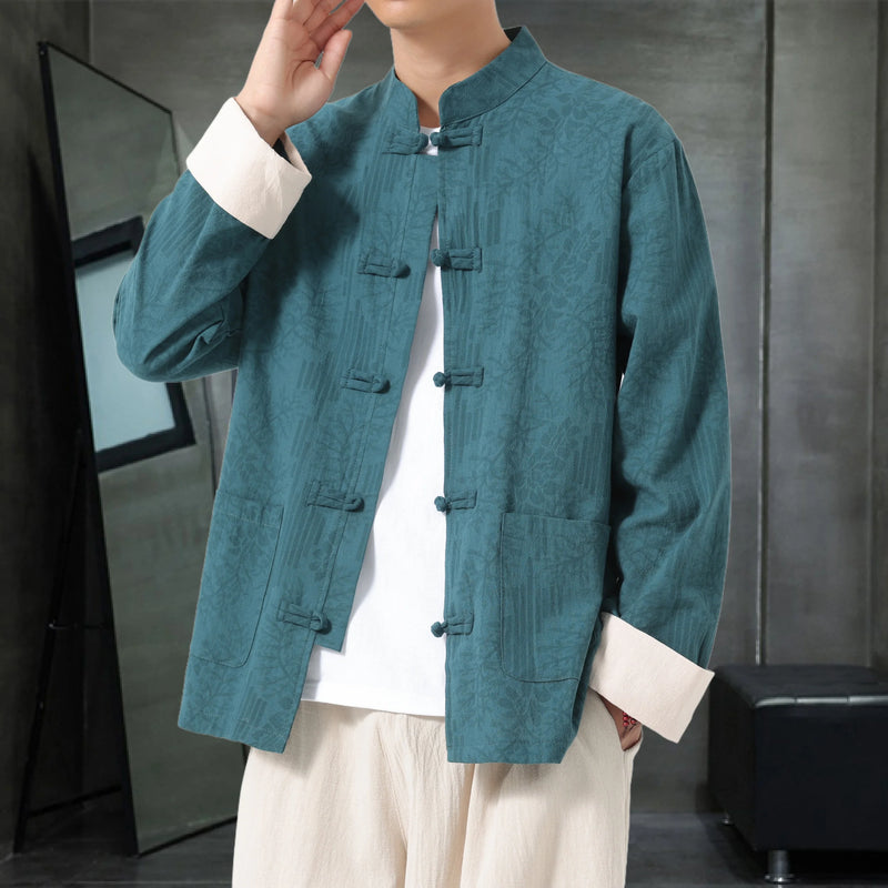 Chinese-style Blue-Green Men's Long-sleeve Jacket, Black Single-button Stand-up Collar Printed Coat,Pink,Red,Apricot,Gray Tops.