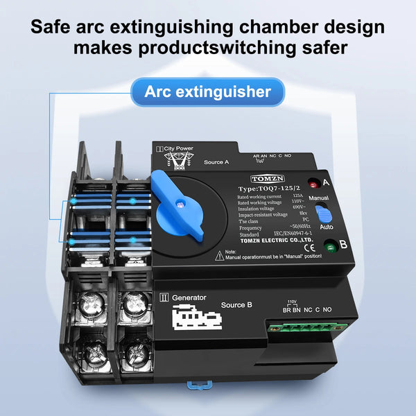 TOMZN Din Rail ATS 110V 120V Dual Power Automatic Transfer Electrical Selector Switch Uninterrupted 2P 63A 100A 125A