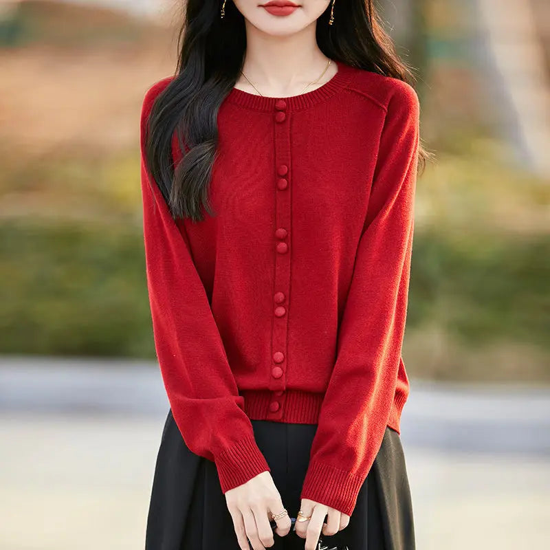 New Fashion Jersey For Women Jumper Spring Autumn Woolen Blouse Round Neck Knitwear Tops Female Pullovers Sweater With Buttons