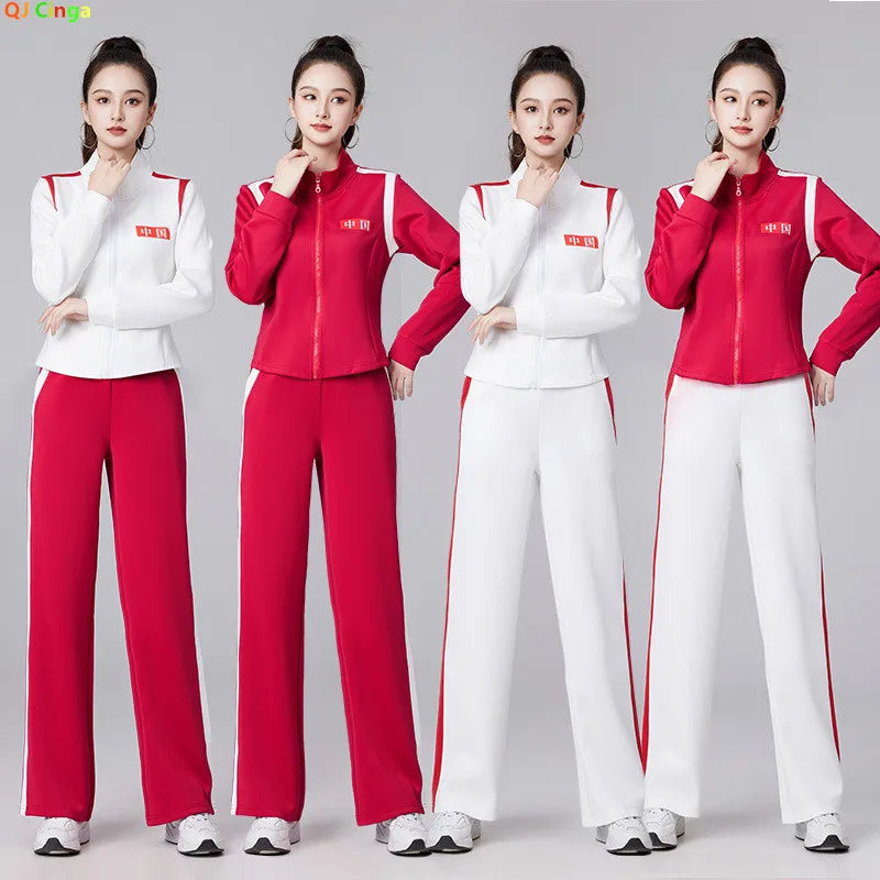 Women's Red Two-piece Sports Set for Spring and Fall, Featuring A Jacket with White Stripes and Matching Pants, Asian Sizes 6XL.