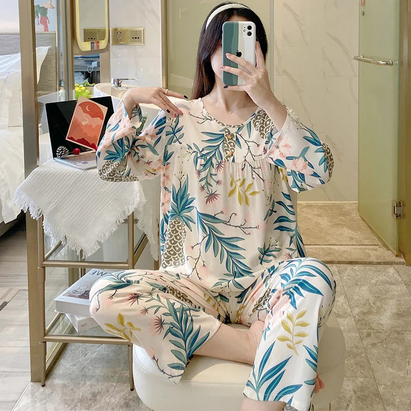 Cotton Rayon Pijamas Set For Women New Printed Spring Autumn Pajamas Female Loungewear Large Size Sleepwear пижама женская